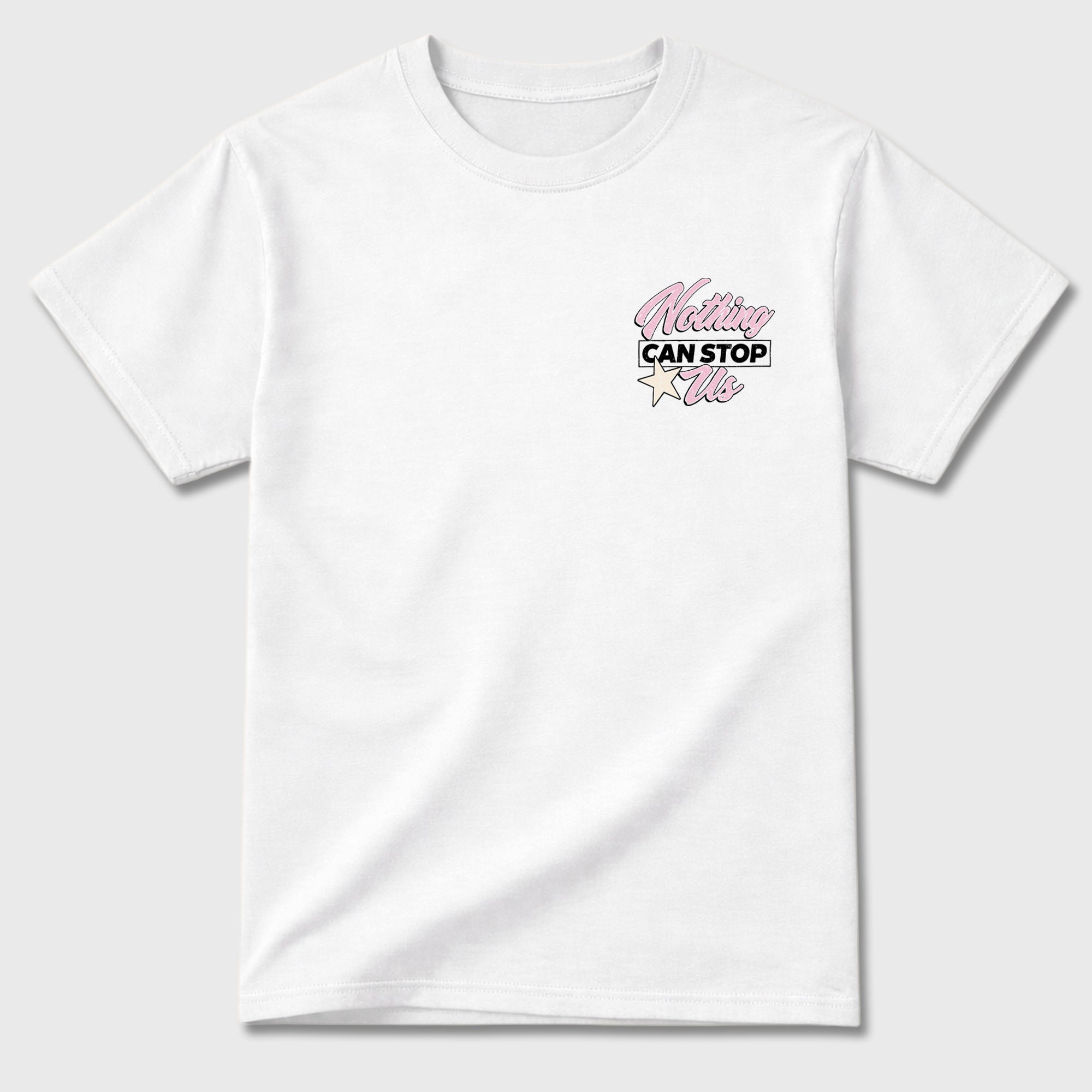 Nothing Can Stop Us graphic t-shirt, Double side styled graphic shirts to complete your fit with the 4s Iced Carmine sneakers, shown in White.