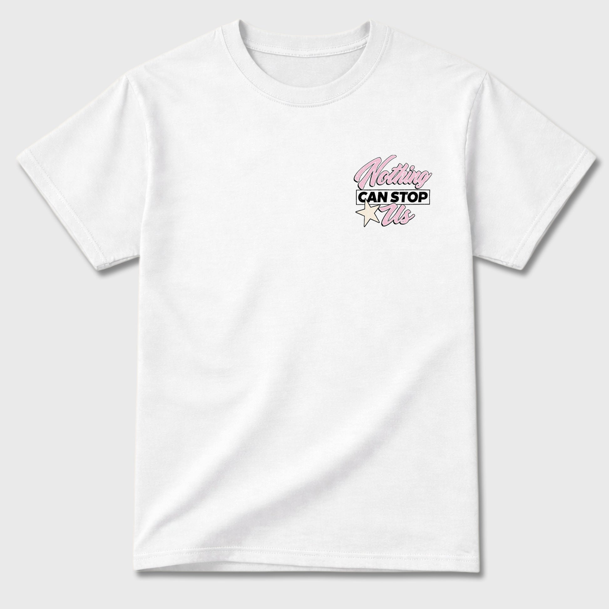 Nothing Can Stop Us graphic t-shirt, Double side styled graphic shirts to complete your fit with the 4s Iced Carmine sneakers, shown in White.
