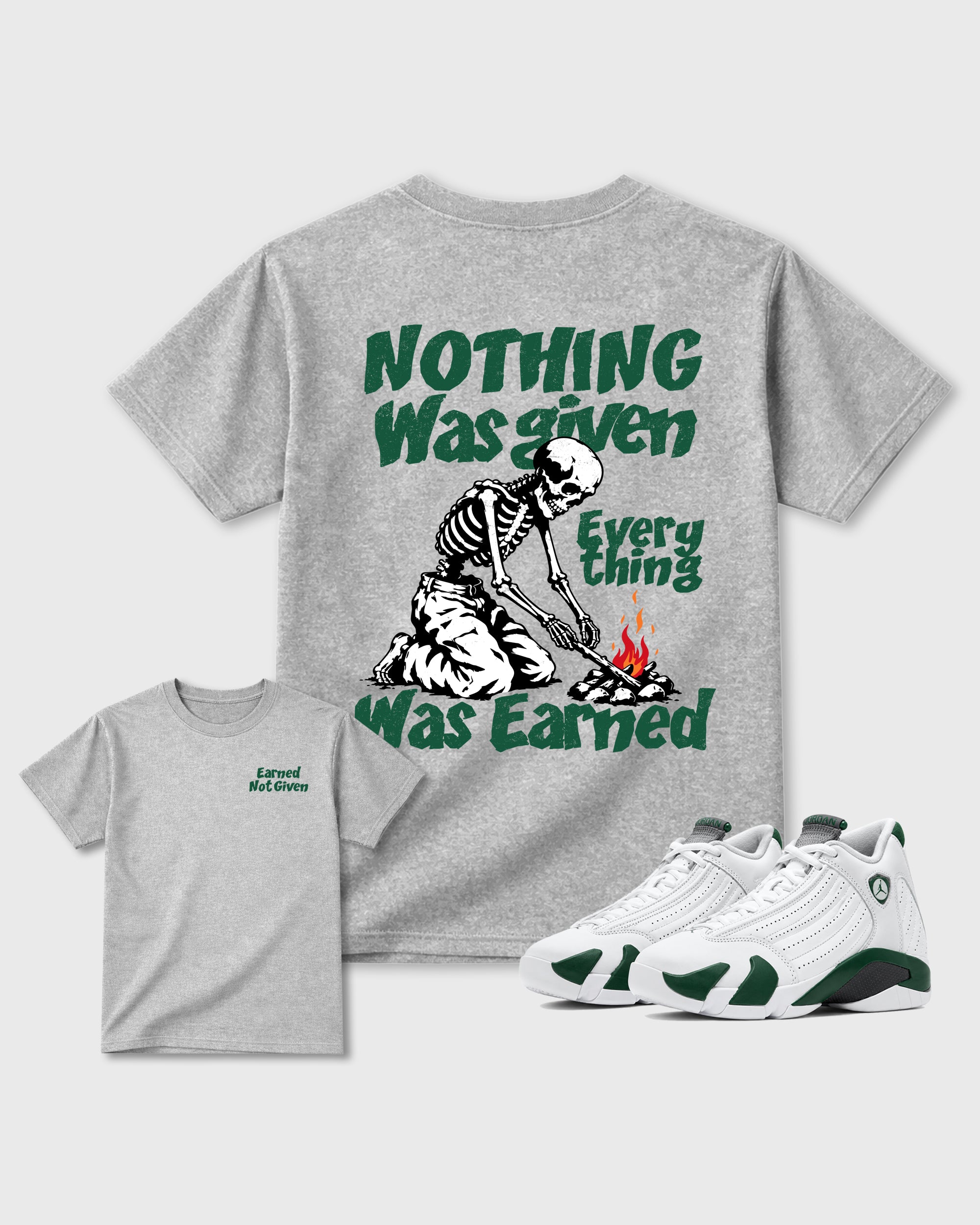Nothing Was Given Heather Grey Graphic T-Shirt - 1, sneaker matching tee designed to match AJ14 Forest Green sneakers for a coordinated sneaker outfit.