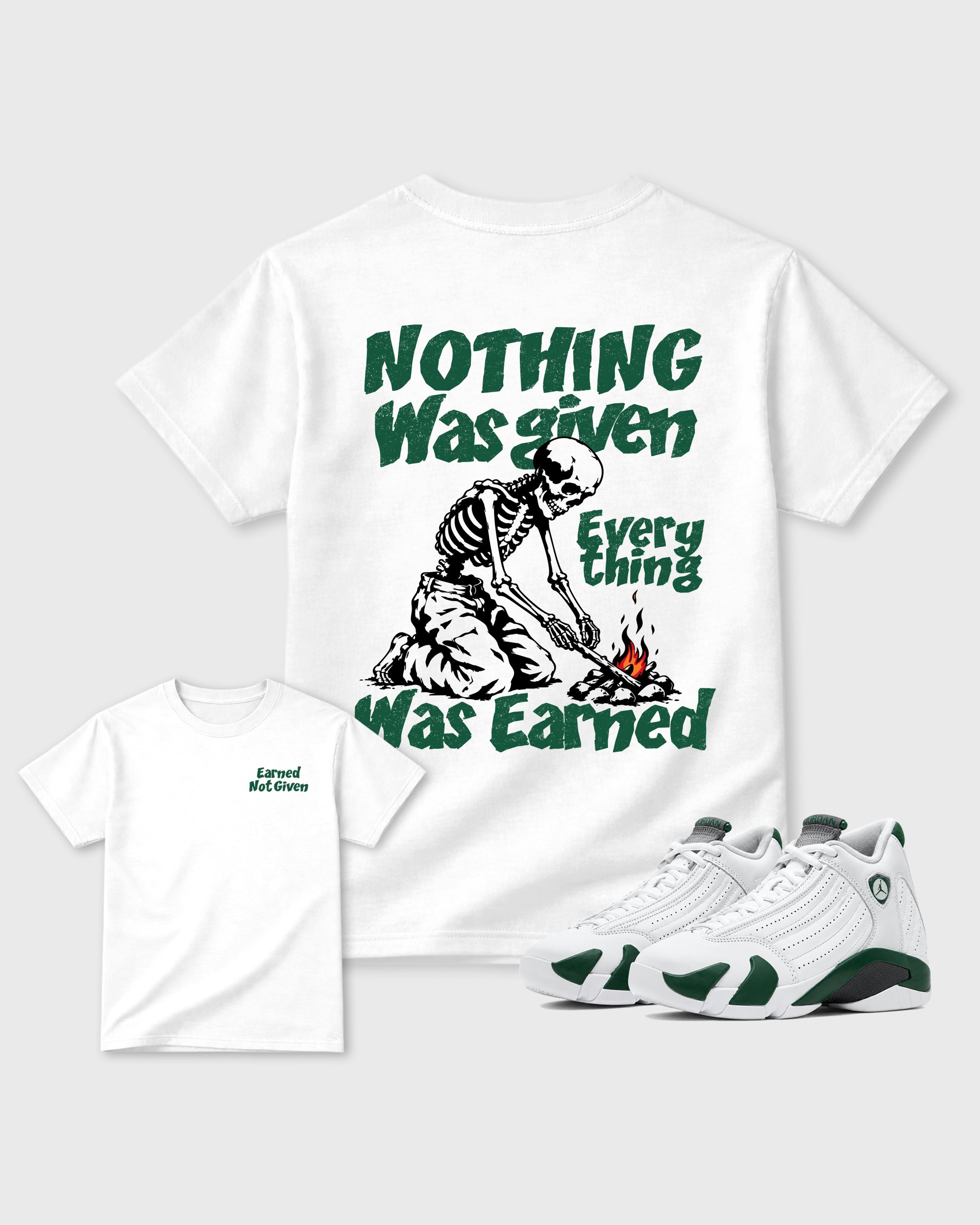 Nothing Was Given White Graphic T-Shirt - 1, sneaker matching tee designed to match AJ14 Forest Green sneakers for a coordinated sneaker outfit.