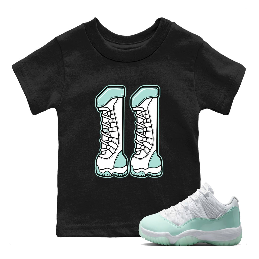 Number 11 baby and kids t-shirt crafted for little sneakerheads to shine with the Air Jordan 11 Igloo sneakers, displayed in Black 1.