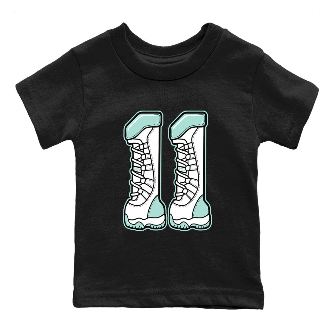 Number 11 baby and kids t-shirt crafted for little sneakerheads to shine with the Air Jordan 11 Igloo sneakers, displayed in Black 2.