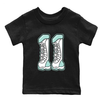 Number 11 baby and kids t-shirt crafted for little sneakerheads to shine with the Air Jordan 11 Igloo sneakers, displayed in Black 2.