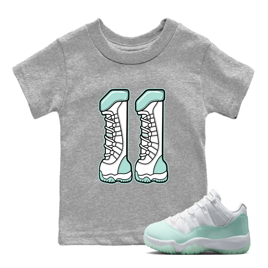 Number 11 baby and kids t-shirt crafted for little sneakerheads to shine with the Air Jordan 11 Igloo sneakers, displayed in Heather Grey 1.