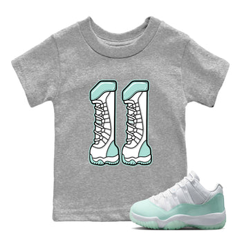 Number 11 baby and kids t-shirt crafted for little sneakerheads to shine with the Air Jordan 11 Igloo sneakers, displayed in Heather Grey 1.