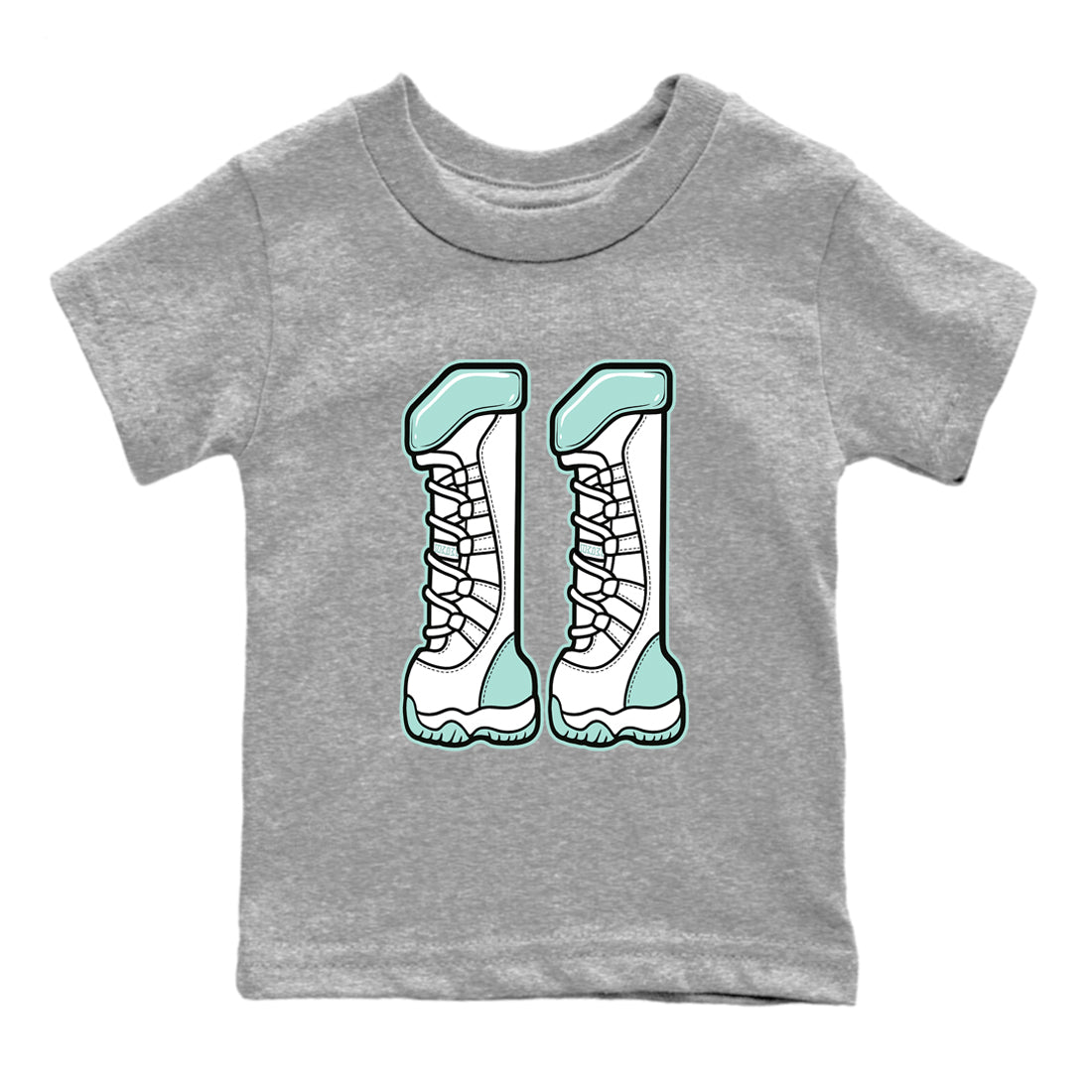 Number 11 baby and kids t-shirt crafted for little sneakerheads to shine with the Air Jordan 11 Igloo sneakers, displayed in Heather Grey 2.