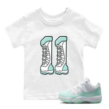 Number 11 baby and kids t-shirt crafted for little sneakerheads to shine with the Air Jordan 11 Igloo sneakers, displayed in White 1.