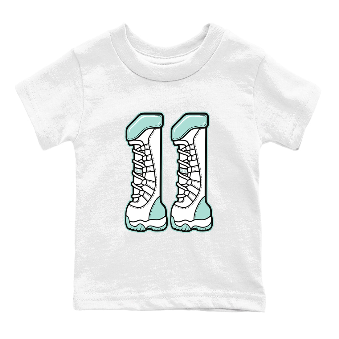 Number 11 baby and kids t-shirt crafted for little sneakerheads to shine with the Air Jordan 11 Igloo sneakers, displayed in White 2.