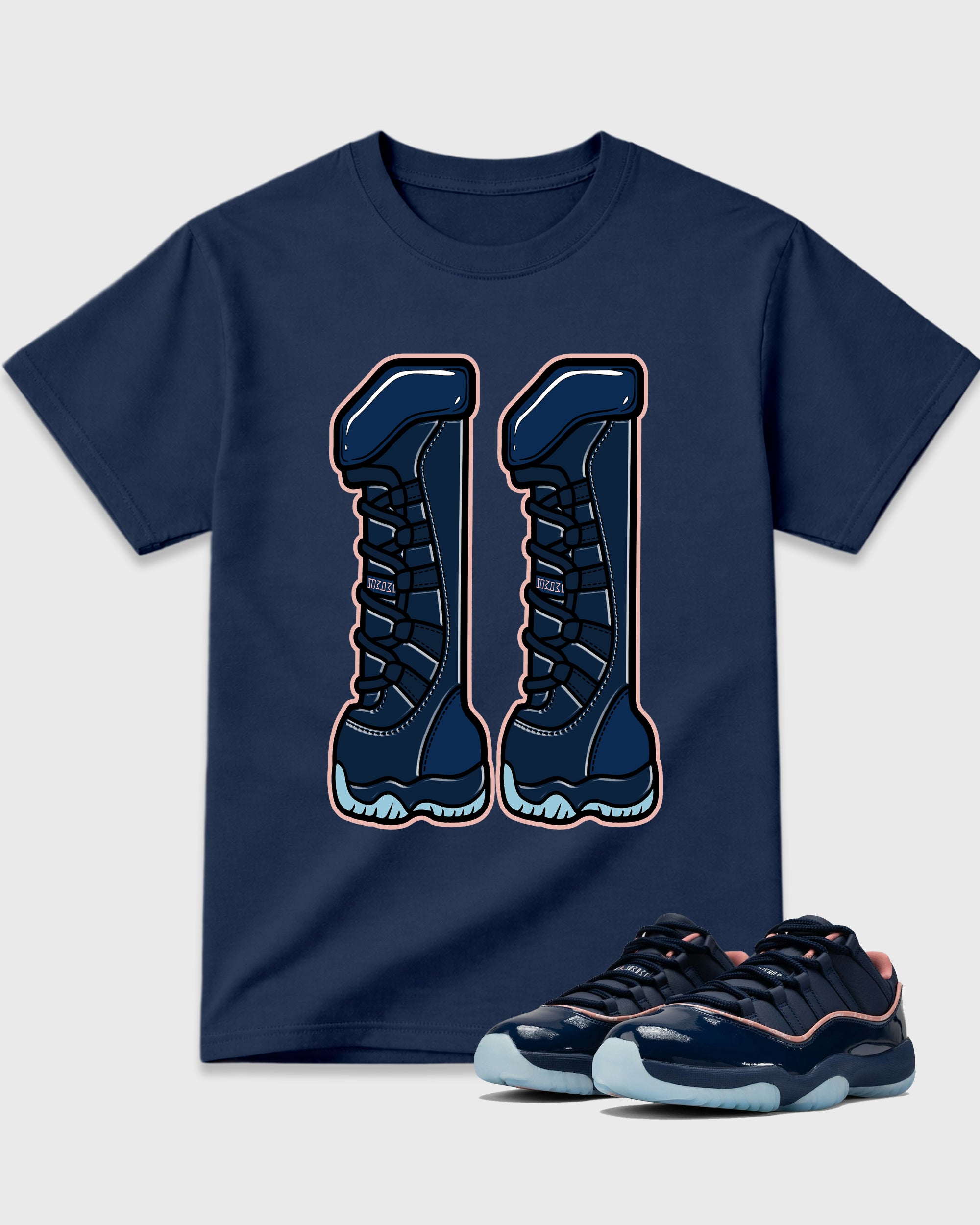 Number 11 Graphic T-Shirt featuring original streetwear artwork designed to match the Air Jordan 11 Made For Locals. Navy 1 Graphic T-Shirt.