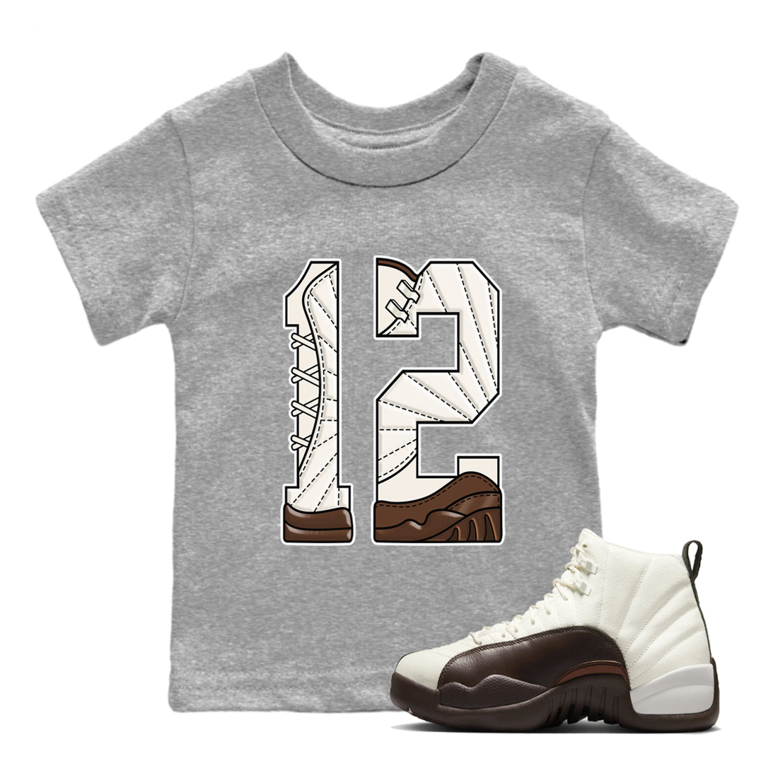 AJ12 Baroque Brown shirts to match jordans Number 12 best t shirts to wear with jordans SoleFly x Jordan 12 Baroque Brown match shoes to clothes SNRT Sneaker Tees Youth Baby Heather Grey 1 tee