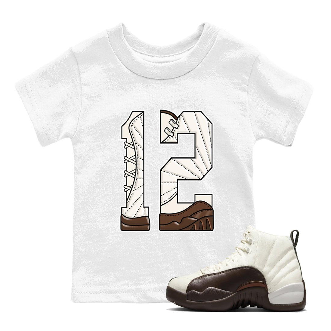 AJ12 Baroque Brown shirts to match jordans Number 12 best t shirts to wear with jordans SoleFly x Jordan 12 Baroque Brown match shoes to clothes SNRT Sneaker Tees Youth Baby White 1 tee
