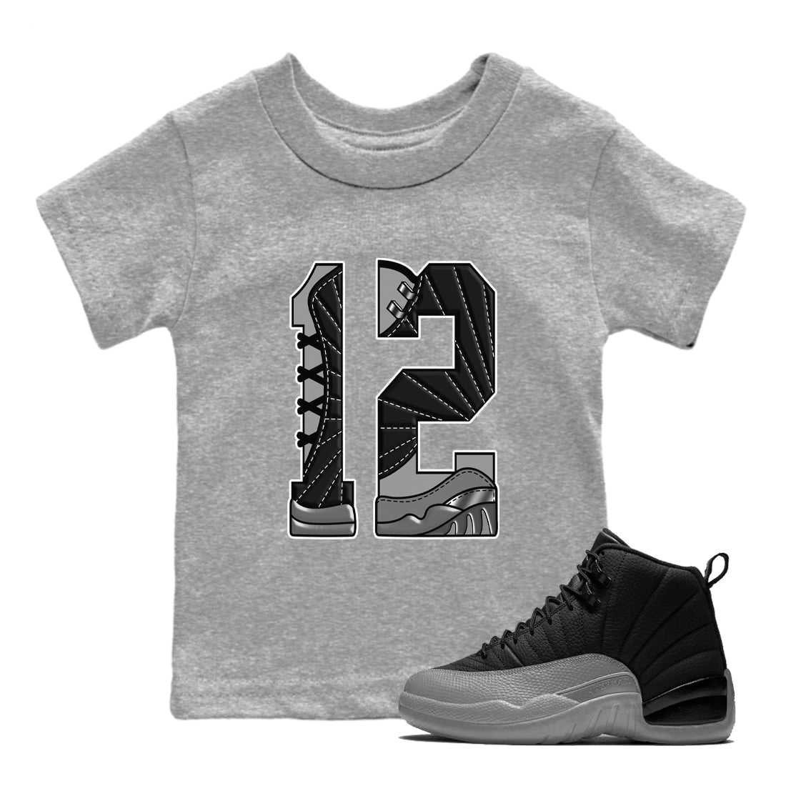 12s Black Wolf Grey shirts to match jordans Number 12 sneaker match tees Air Jordan 12 Black Wolf Grey SNRT Sneaker Release Tees Youth Baby Heather Grey 1 crew neck shirts