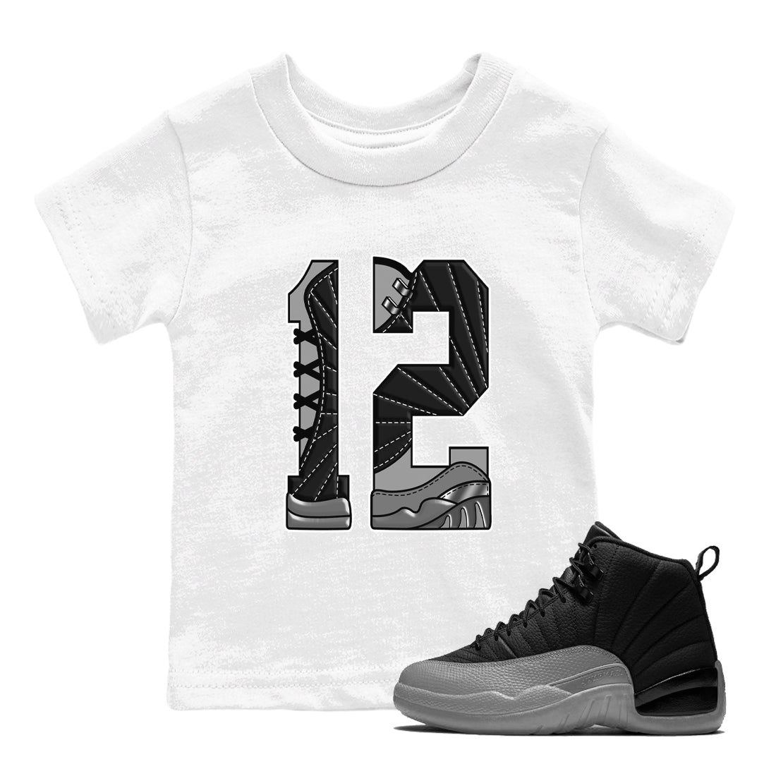 12s Black Wolf Grey shirts to match jordans Number 12 sneaker match tees Air Jordan 12 Black Wolf Grey SNRT Sneaker Release Tees Youth Baby White 1 crew neck shirts