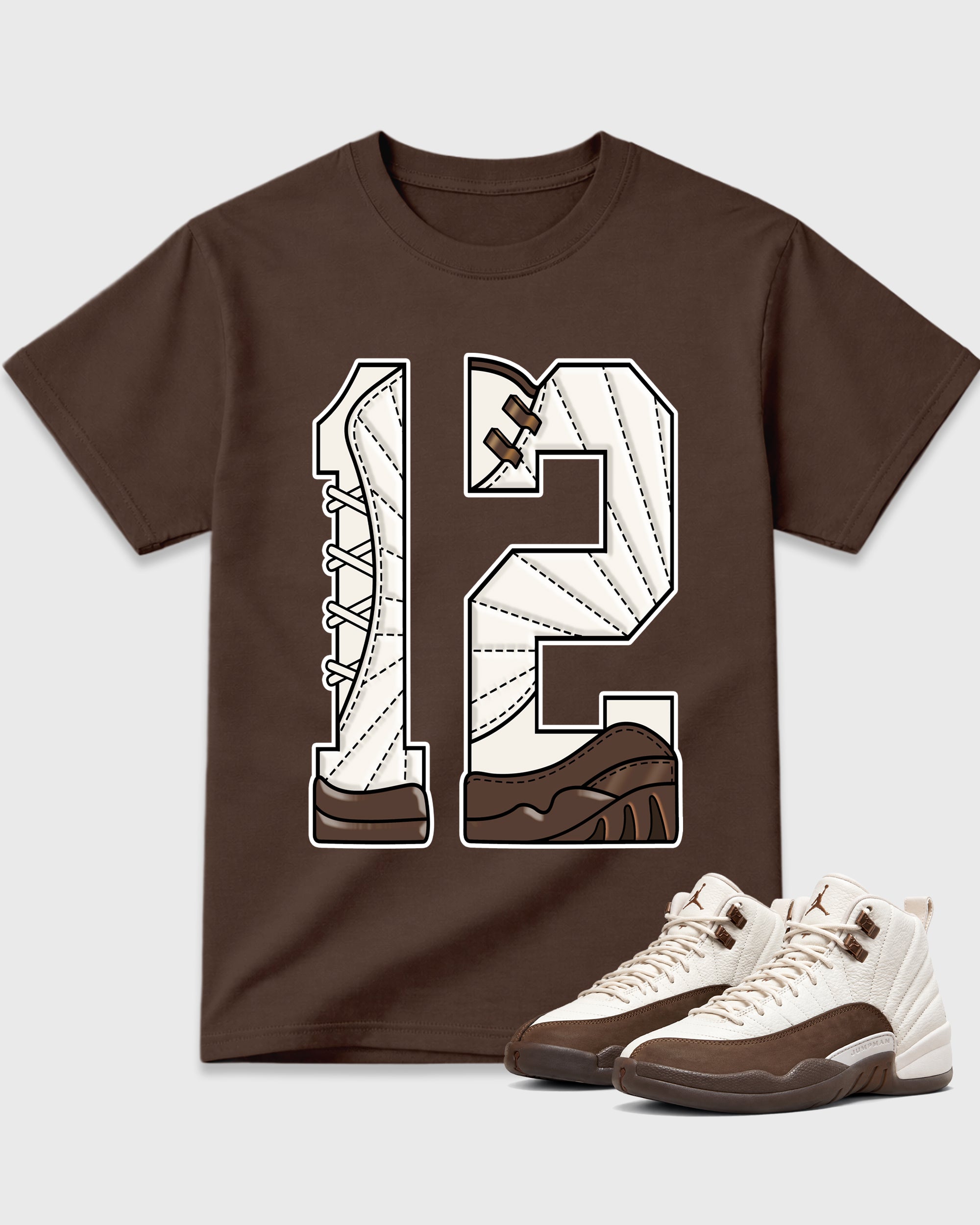 Number 12 Graphic T-Shirt featuring original streetwear artwork designed to match the Air Jordan 12 Fireside. Dark Chocolate 1 Graphic T-Shirt.
