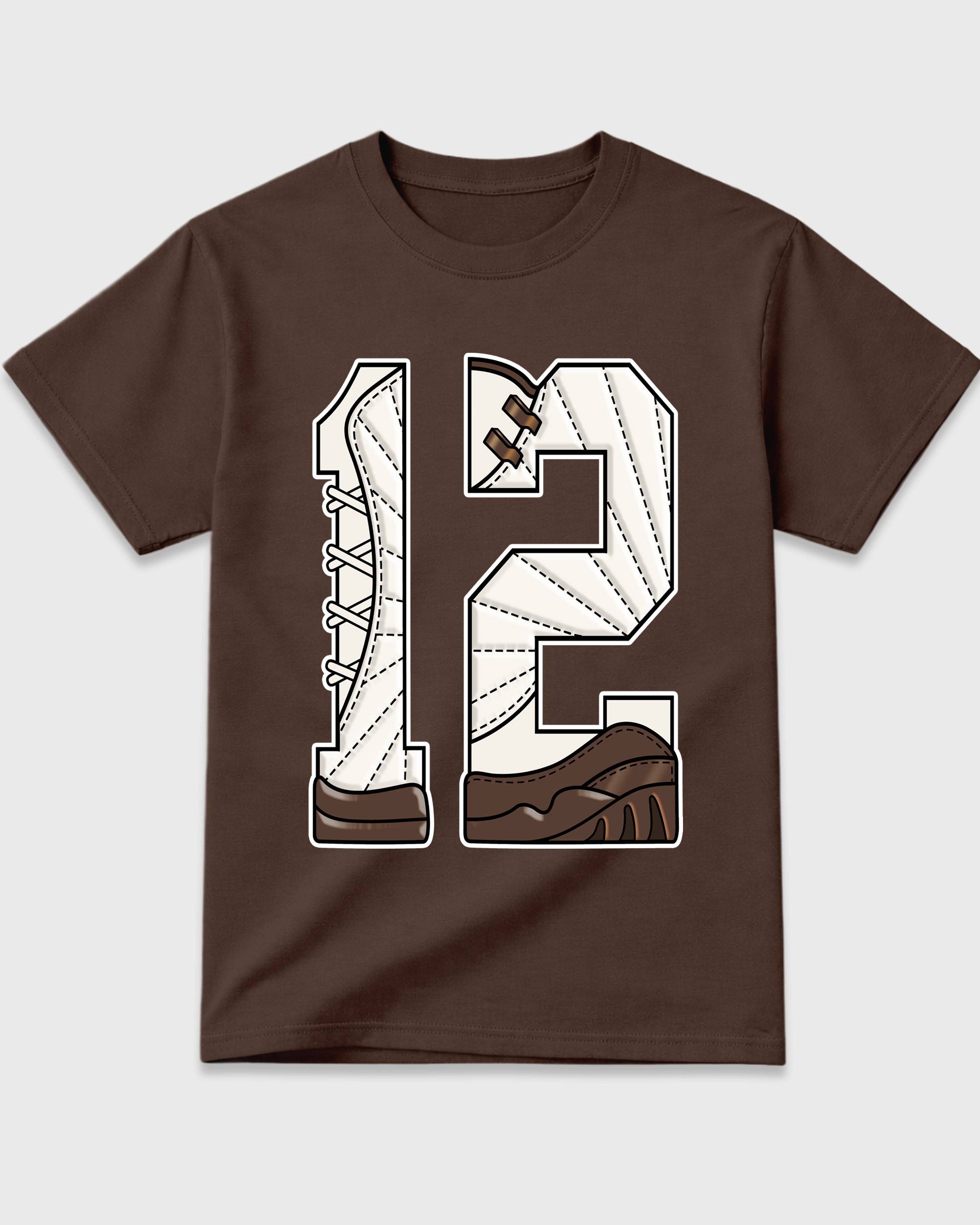 Number 12 Graphic T-Shirt featuring original streetwear artwork designed to match the Air Jordan 12 Fireside. Dark Chocolate 2 Graphic T-Shirt.