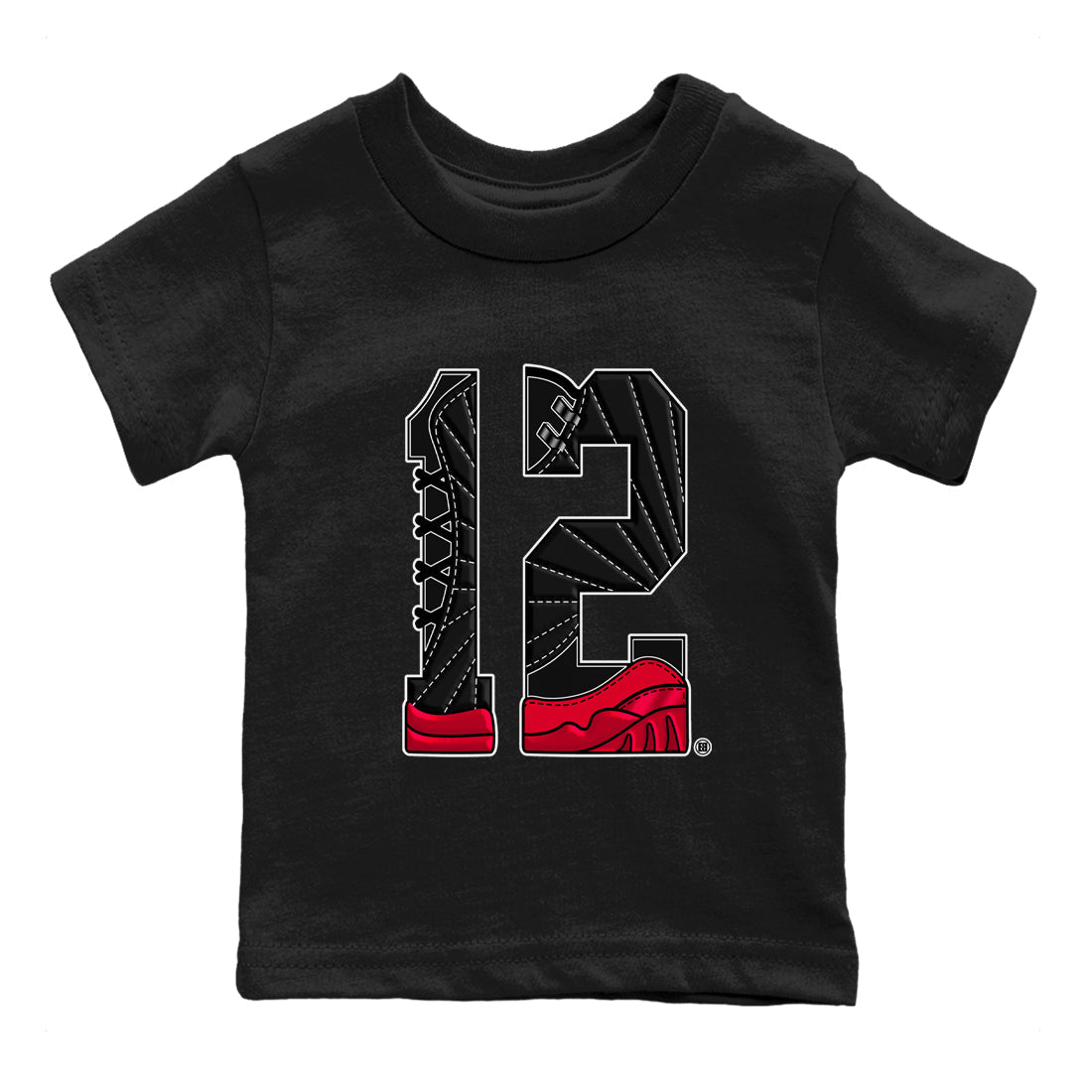 12s Flu Game shirts to match jordans Number 12 best t shirts to wear with jordans Air Jordan 12 Retro Flu Black and Varsity Red match shoes to clothes SNRT Sneaker Tees Youth Baby Black 2 tee