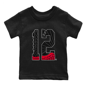 12s Flu Game shirts to match jordans Number 12 best t shirts to wear with jordans Air Jordan 12 Retro Flu Black and Varsity Red match shoes to clothes SNRT Sneaker Tees Youth Baby Black 2 tee