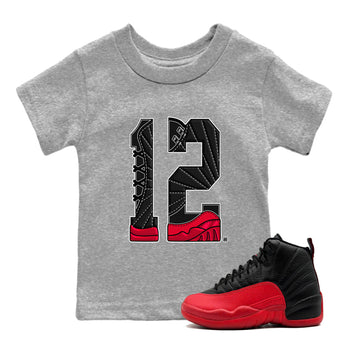 12s Flu Game shirts to match jordans Number 12 best t shirts to wear with jordans Air Jordan 12 Retro Flu Black and Varsity Red match shoes to clothes SNRT Sneaker Tees Youth Baby Heather Grey 1 tee