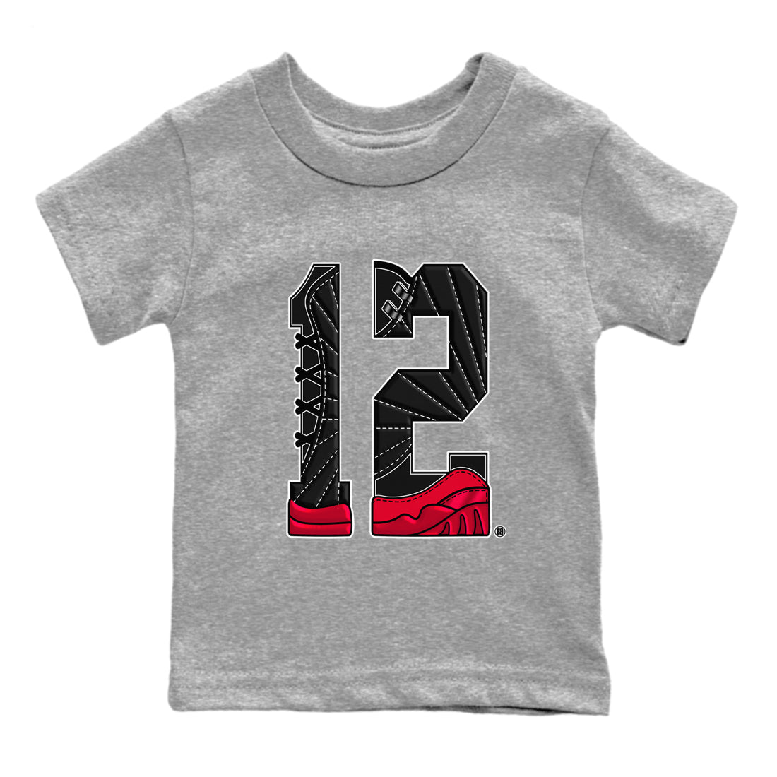 12s Flu Game shirts to match jordans Number 12 best t shirts to wear with jordans Air Jordan 12 Retro Flu Black and Varsity Red match shoes to clothes SNRT Sneaker Tees Youth Baby Heather Grey 2 tee