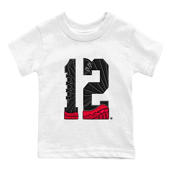 12s Flu Game shirts to match jordans Number 12 best t shirts to wear with jordans Air Jordan 12 Retro Flu Black and Varsity Red match shoes to clothes SNRT Sneaker Tees Youth Baby White 2 tee