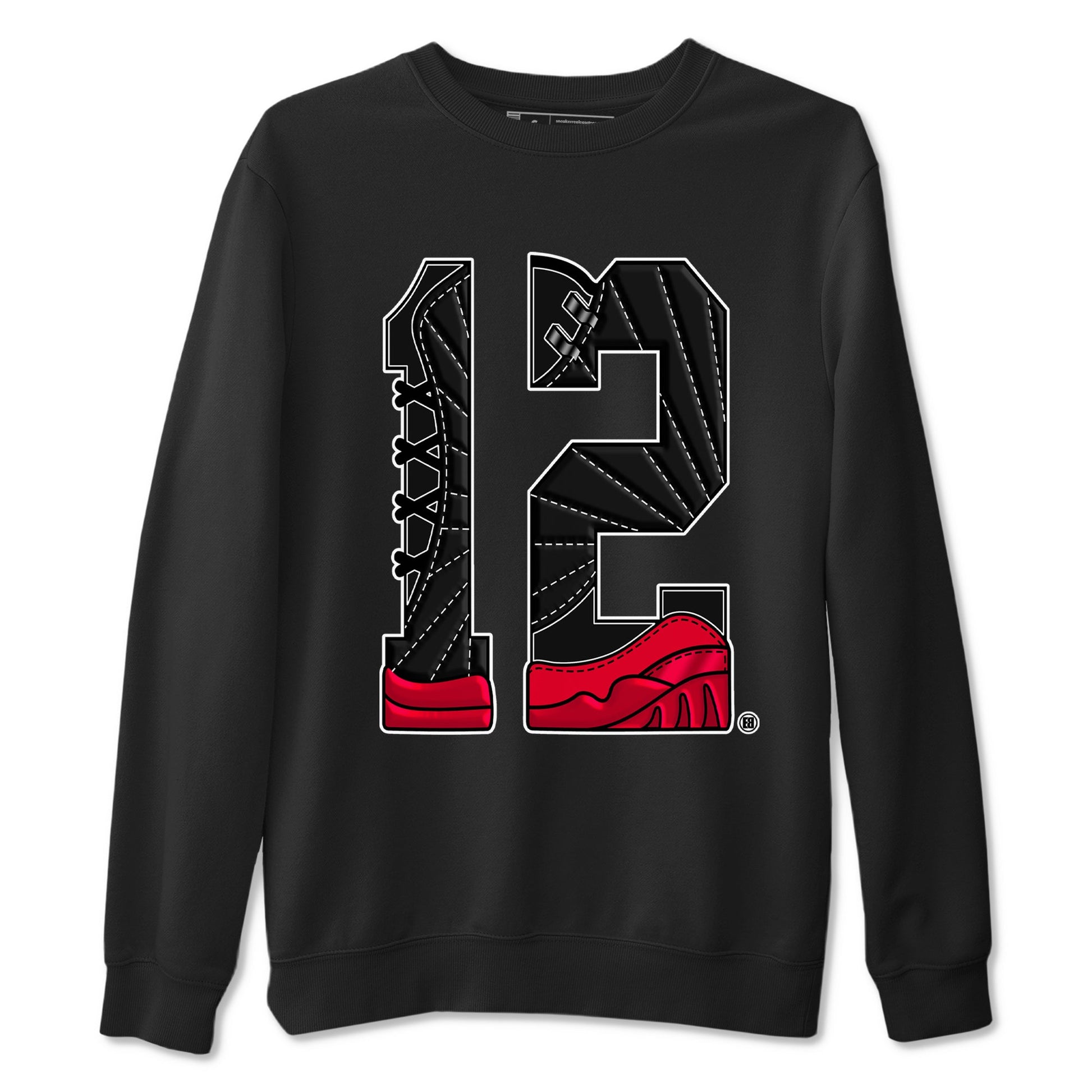 12s Flu Game shirts to match jordans Number 12 best t shirts to wear with jordans Air Jordan 12 Retro Flu Black and Varsity Red match shoes to clothes SNRT Sneaker Tees unisex cotton Black 2 shirts