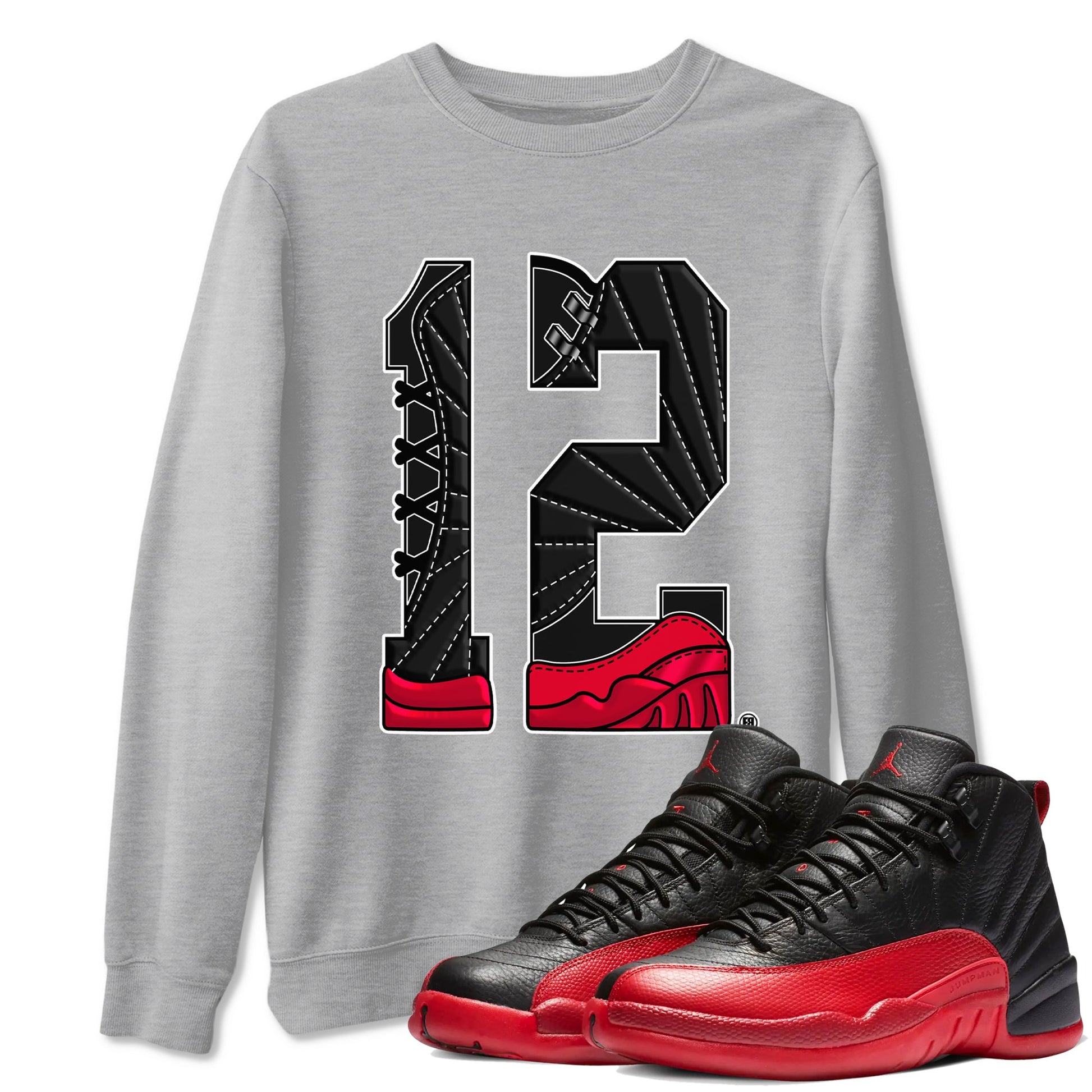 12s Flu Game shirts to match jordans Number 12 best t shirts to wear with jordans Air Jordan 12 Retro Flu Black and Varsity Red match shoes to clothes SNRT Sneaker Tees unisex cotton Heather Grey 1 shirts