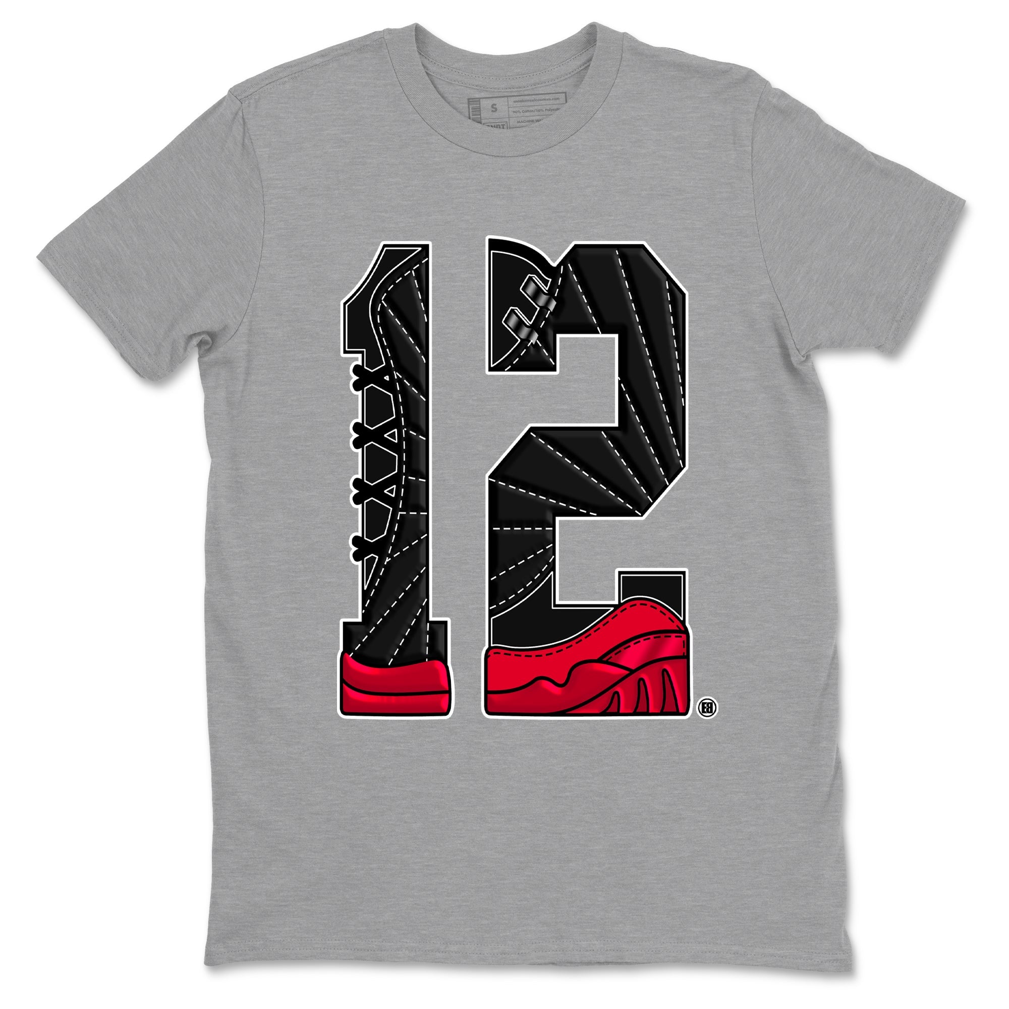 12s Flu Game shirts to match jordans Number 12 best t shirts to wear with jordans Air Jordan 12 Retro Flu Black and Varsity Red match shoes to clothes SNRT Sneaker Tees unisex cotton Heather Grey 2 shirts