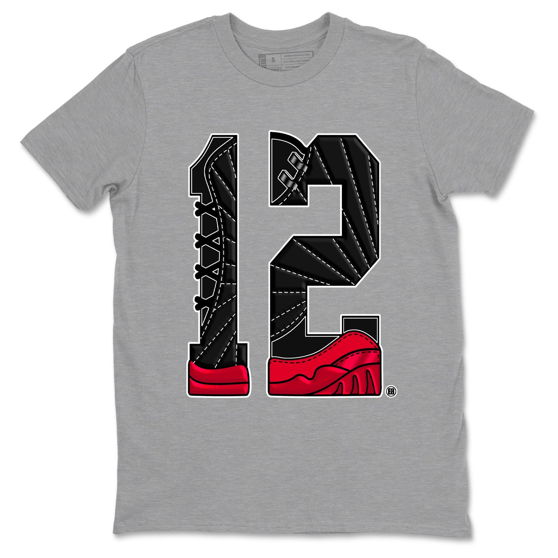 12s Flu Game shirts to match jordans Number 12 best t shirts to wear with jordans Air Jordan 12 Retro Flu Black and Varsity Red match shoes to clothes SNRT Sneaker Tees unisex cotton Heather Grey 2 shirts