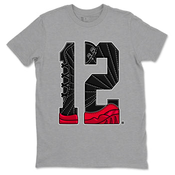 12s Flu Game shirts to match jordans Number 12 best t shirts to wear with jordans Air Jordan 12 Retro Flu Black and Varsity Red match shoes to clothes SNRT Sneaker Tees unisex cotton Heather Grey 2 shirts