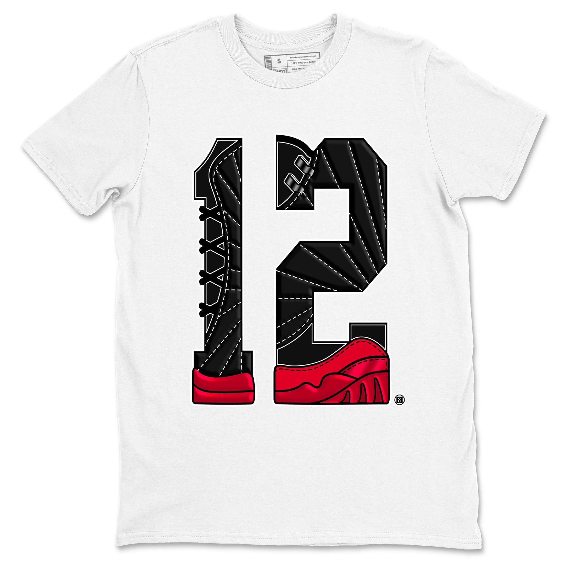12s Flu Game shirts to match jordans Number 12 best t shirts to wear with jordans Air Jordan 12 Retro Flu Black and Varsity Red match shoes to clothes SNRT Sneaker Tees unisex cotton White 2 shirts