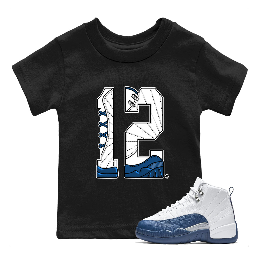 Number 12 baby and kids t-shirt crafted for little sneakerheads to shine with the Air Jordan 12 French Blue sneakers, displayed in Black 1.
