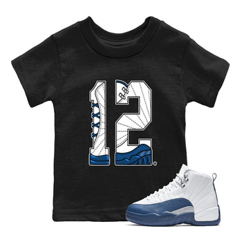 Number 12 baby and kids t-shirt crafted for little sneakerheads to shine with the Air Jordan 12 French Blue sneakers, displayed in Black 1.