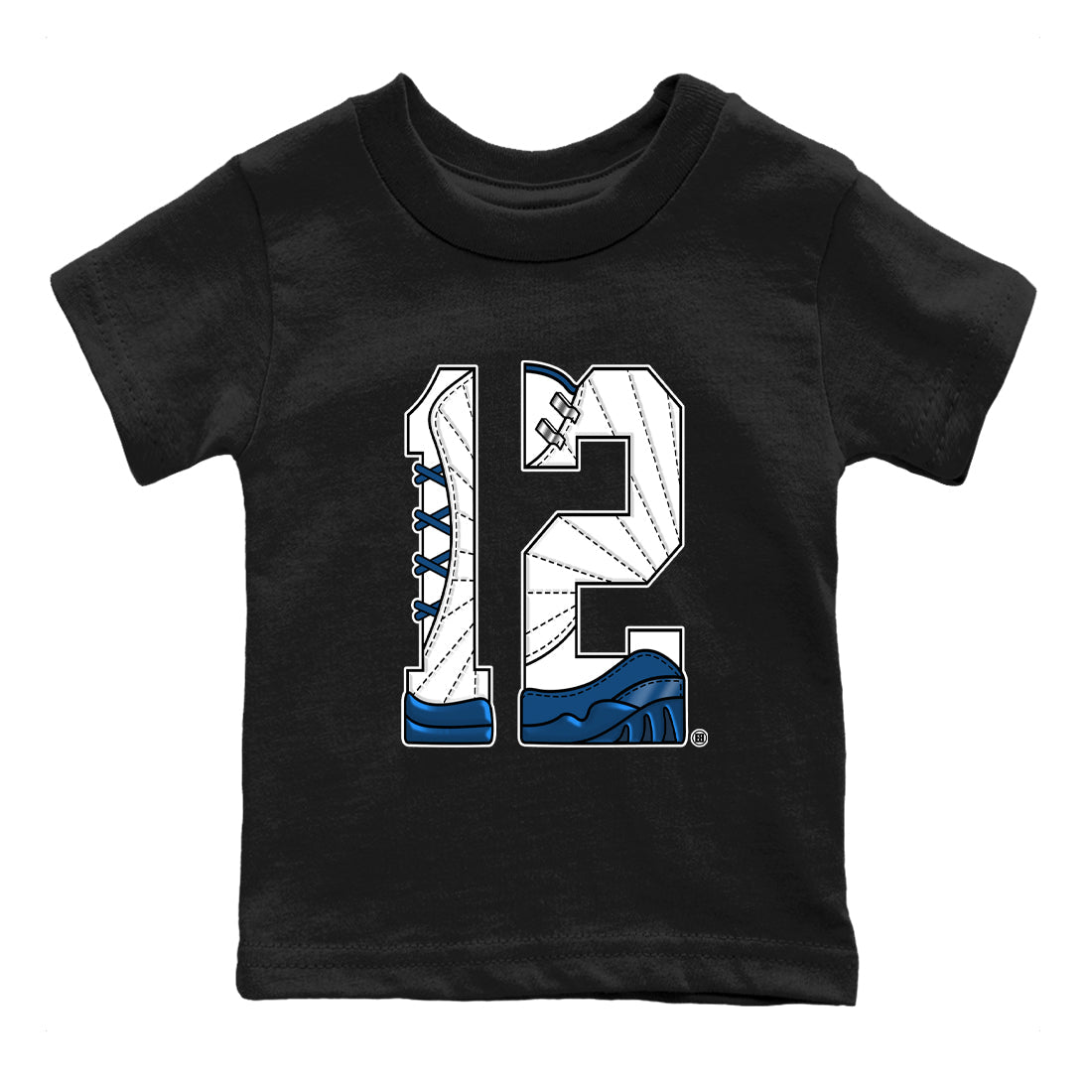 Number 12 baby and kids t-shirt crafted for little sneakerheads to shine with the Air Jordan 12 French Blue sneakers, displayed in Black 2.