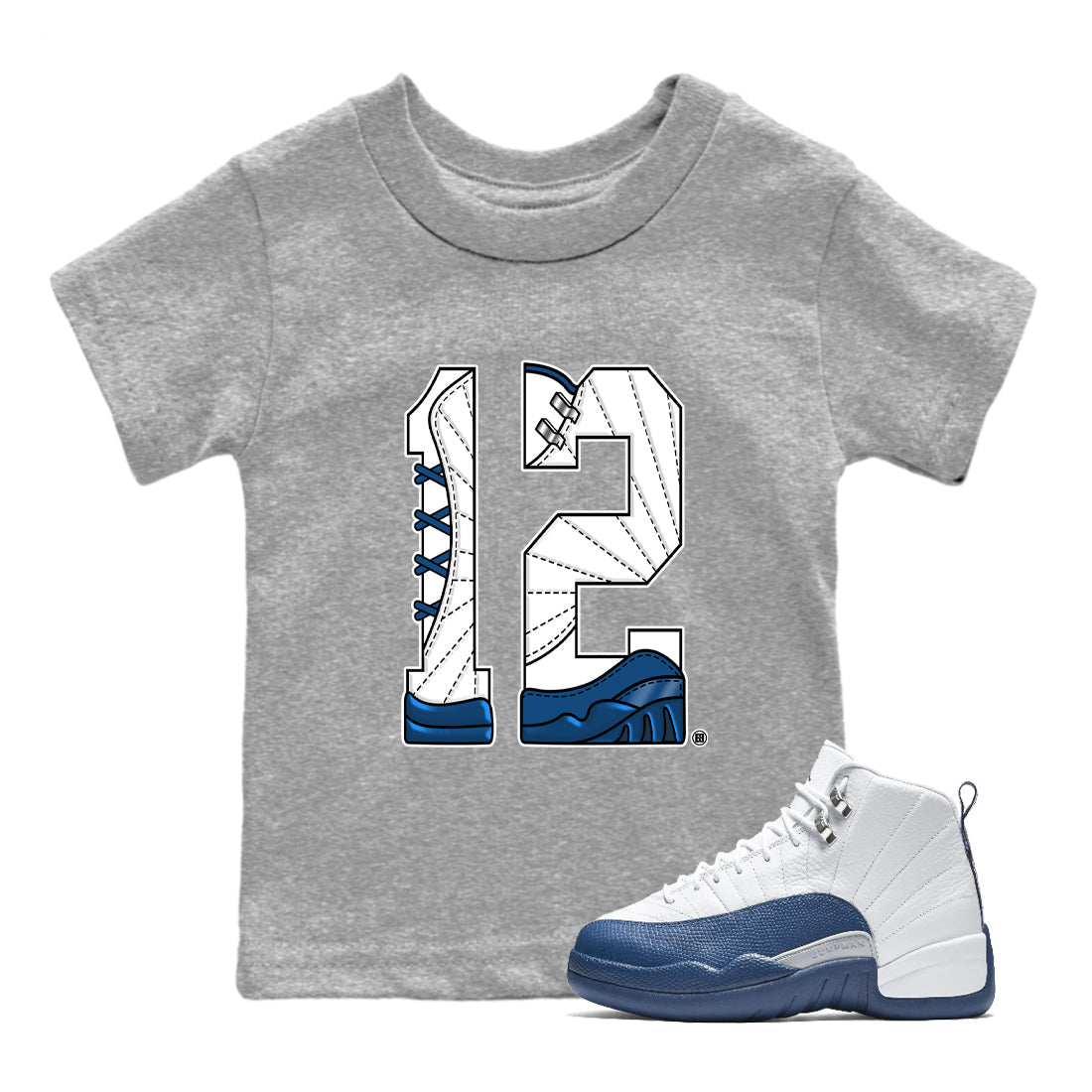 Number 12 baby and kids t-shirt crafted for little sneakerheads to shine with the Air Jordan 12 French Blue sneakers, displayed in Heather Grey 1.