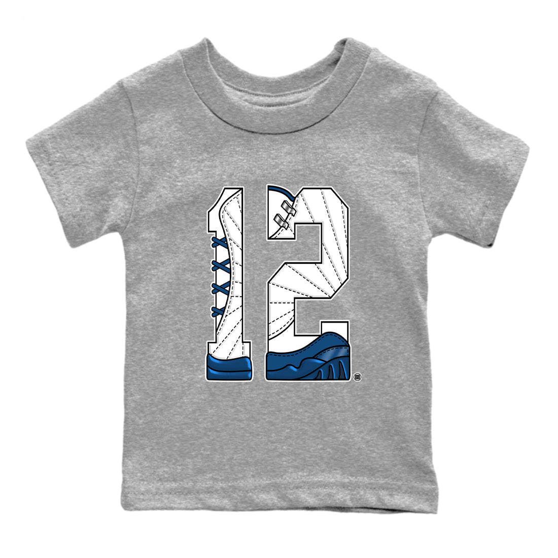 Number 12 baby and kids t-shirt crafted for little sneakerheads to shine with the Air Jordan 12 French Blue sneakers, displayed in Heather Grey 2.