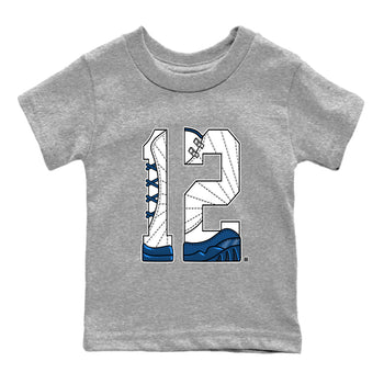 Number 12 baby and kids t-shirt crafted for little sneakerheads to shine with the Air Jordan 12 French Blue sneakers, displayed in Heather Grey 2.