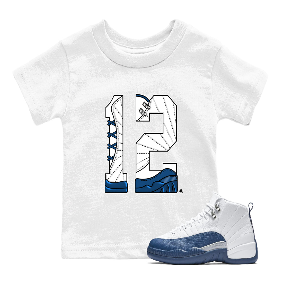 Number 12 baby and kids t-shirt crafted for little sneakerheads to shine with the Air Jordan 12 French Blue sneakers, displayed in White 1.
