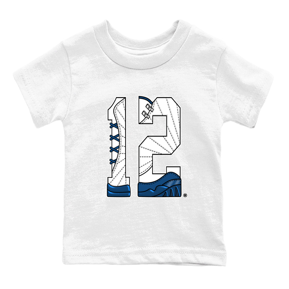 Number 12 baby and kids t-shirt crafted for little sneakerheads to shine with the Air Jordan 12 French Blue sneakers, displayed in White 2.