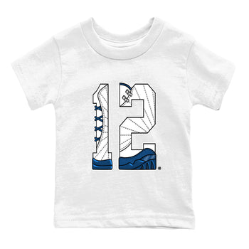 Number 12 baby and kids t-shirt crafted for little sneakerheads to shine with the Air Jordan 12 French Blue sneakers, displayed in White 2.