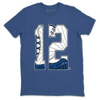 Number 12 sneaker match t-shirt styled to complete your fit with the Air Jordan 12 French Blue sneakers, graphic shirts in Denim Blue 2.