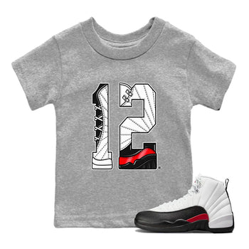 Air Jordan 12 Retro Taxi Flip shirts to match jordans Number 12 sneaker match tees 12s Red Taxi SNRT sneaker release tees baby toddler Heather Grey 1 cotton Shirt