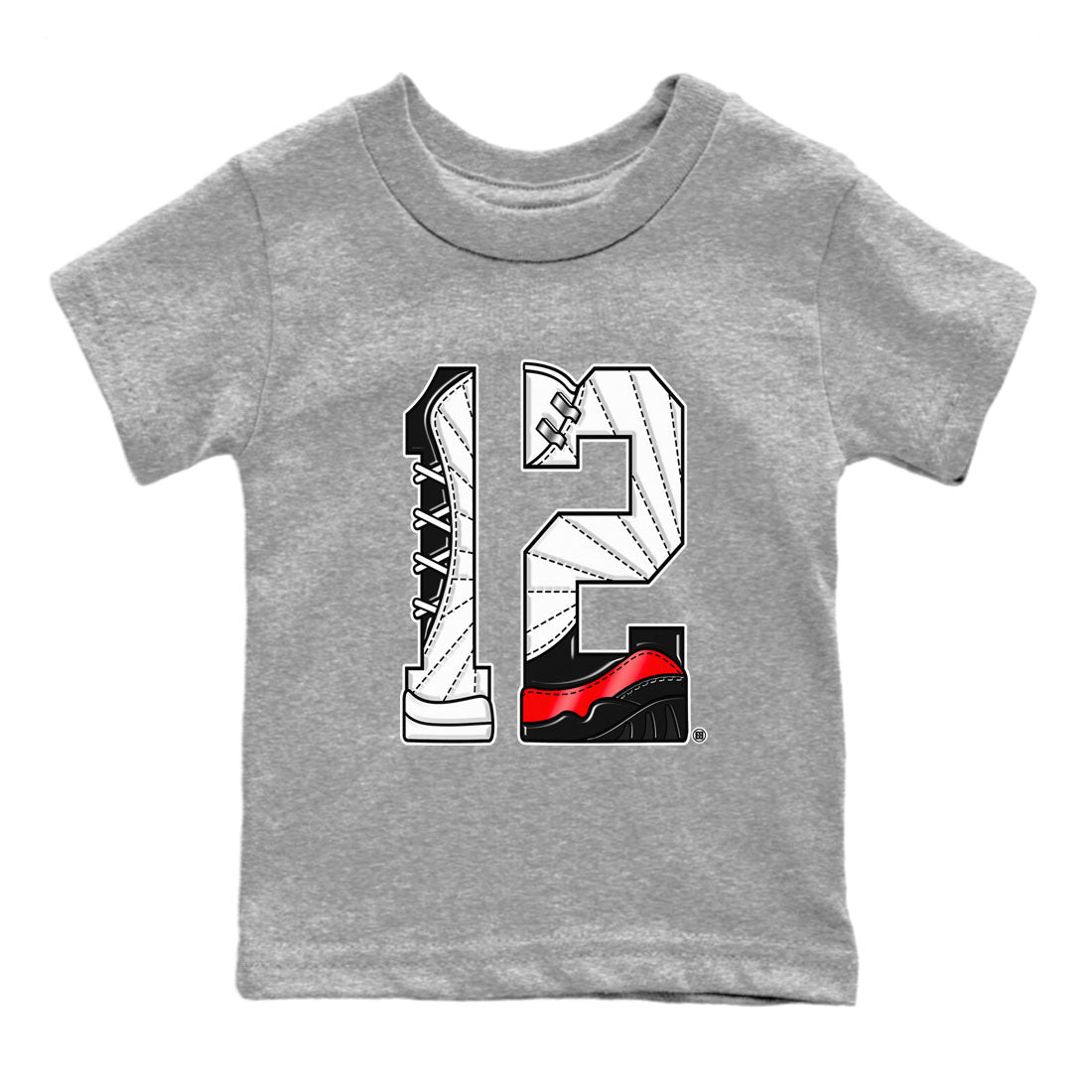 Air Jordan 12 Retro Taxi Flip shirts to match jordans Number 12 sneaker match tees 12s Red Taxi SNRT sneaker release tees baby toddler Heather Grey 2 cotton Shirt