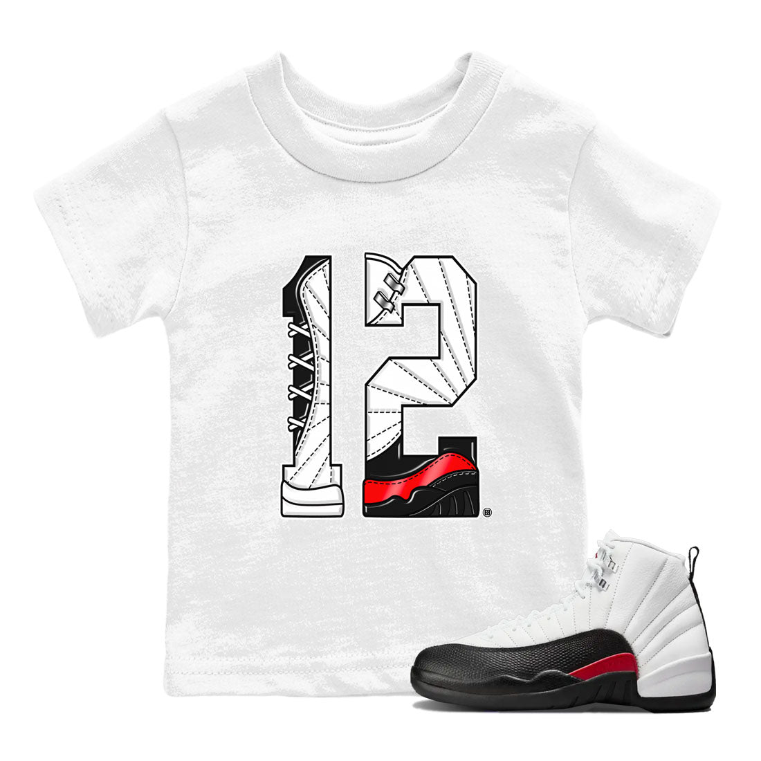 Air Jordan 12 Retro Taxi Flip shirts to match jordans Number 12 sneaker match tees 12s Red Taxi SNRT sneaker release tees baby toddler White 1 cotton Shirt