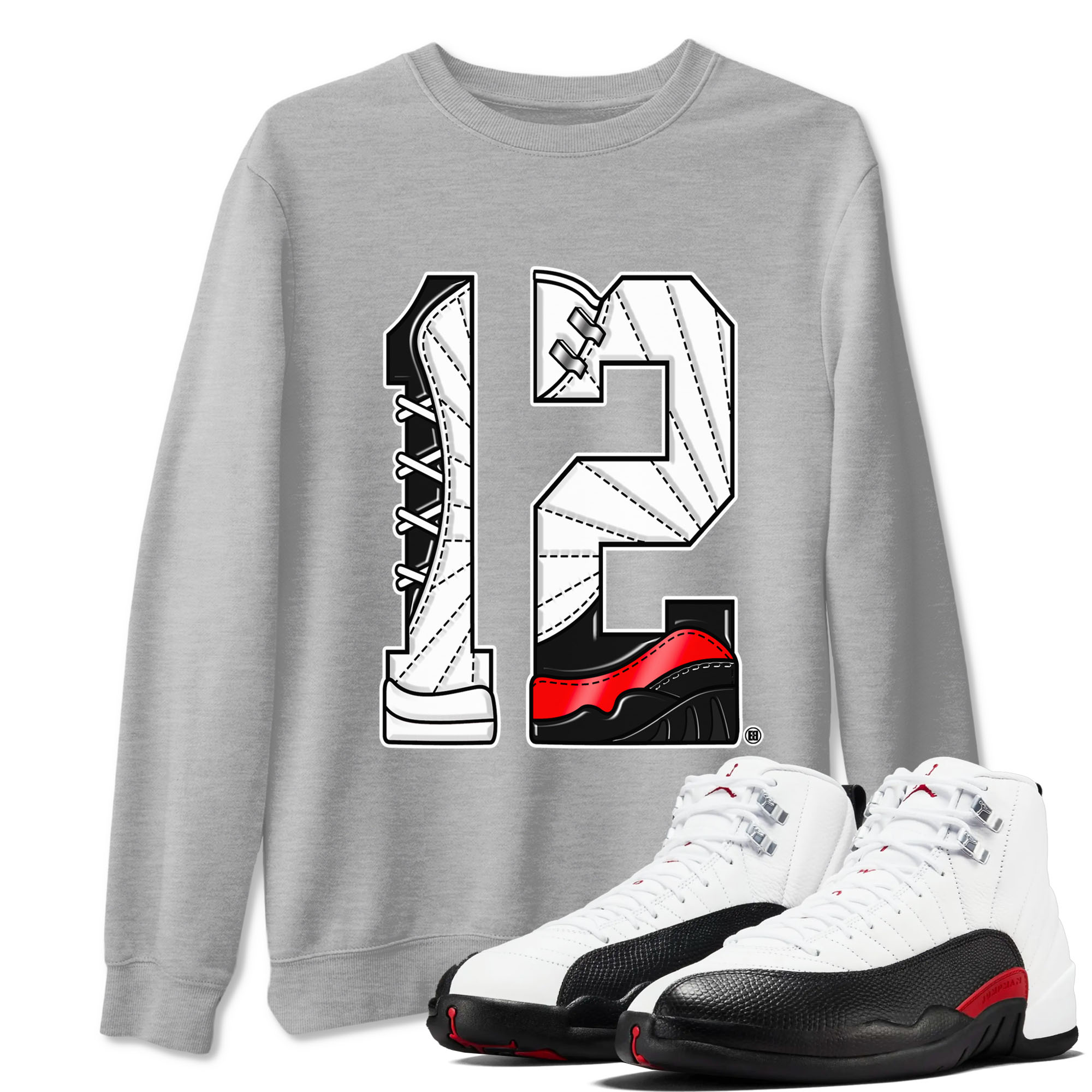 Air Jordan 12 Retro Taxi Flip shirts to match jordans Number 12 sneaker match tees 12s Red Taxi SNRT sneaker release Tees unisex cotton Heather Grey 1 crew neck shirt