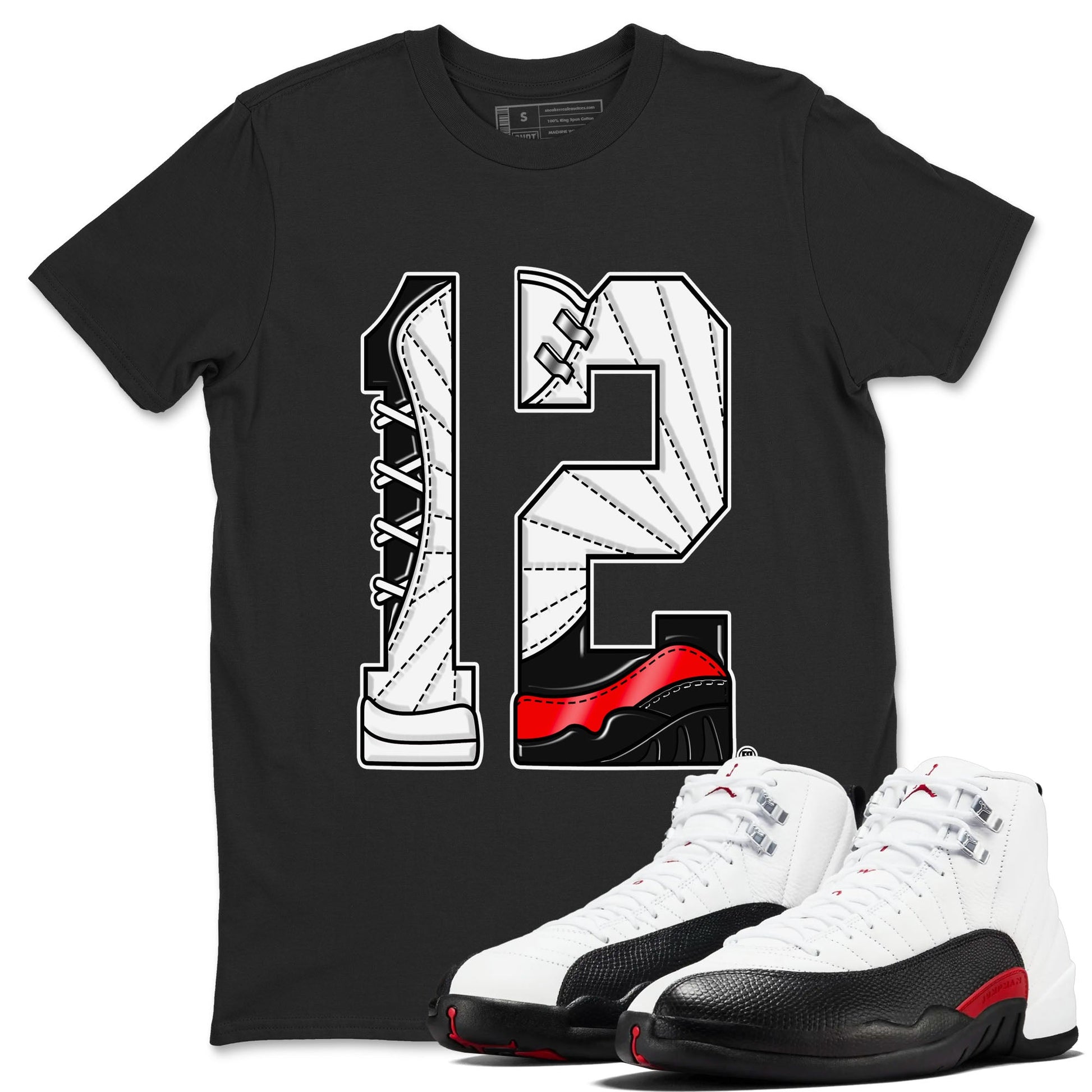Air Jordan 12 Retro Taxi Flip shirts to match jordans Number 12 sneaker match tees 12s Red Taxi SNRT sneaker release Tees unisex cotton Black 1 crew neck shirt