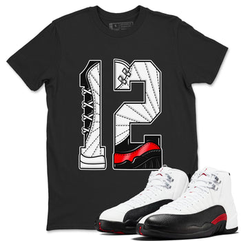 Air Jordan 12 Retro Taxi Flip shirts to match jordans Number 12 sneaker match tees 12s Red Taxi SNRT sneaker release Tees unisex cotton Black 1 crew neck shirt