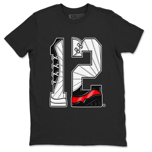Air Jordan 12 Retro Taxi Flip shirts to match jordans Number 12 sneaker match tees 12s Red Taxi SNRT sneaker release Tees unisex cotton Black 2 crew neck shirt