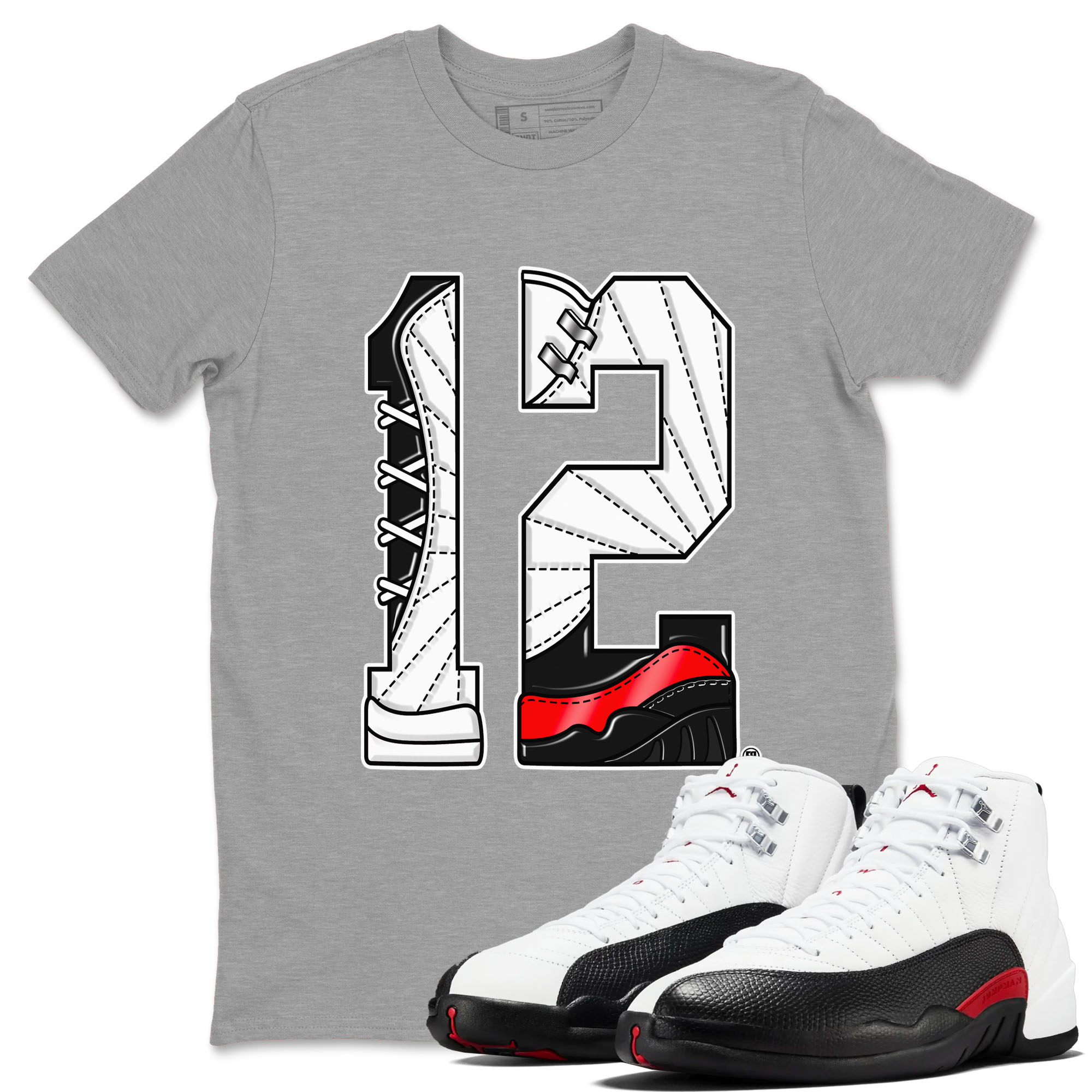 Air Jordan 12 Retro Taxi Flip shirts to match jordans Number 12 sneaker match tees 12s Red Taxi SNRT sneaker release Tees unisex cotton Heather Grey 1 crew neck shirt