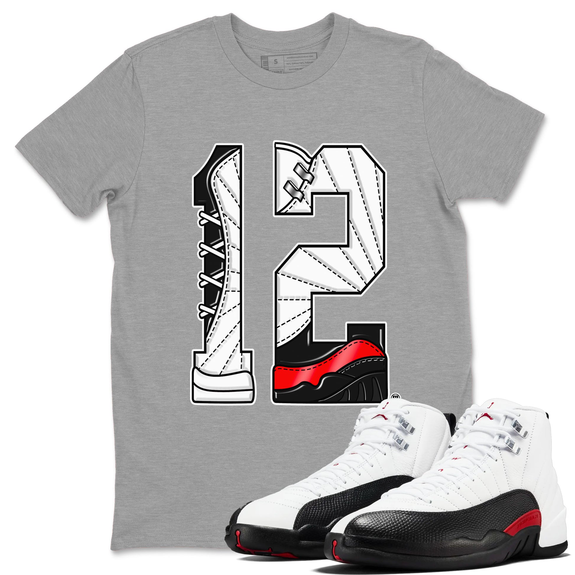 Air Jordan 12 Retro Taxi Flip shirts to match jordans Number 12 sneaker match tees 12s Red Taxi SNRT sneaker release Tees unisex cotton Heather Grey 1 crew neck shirt