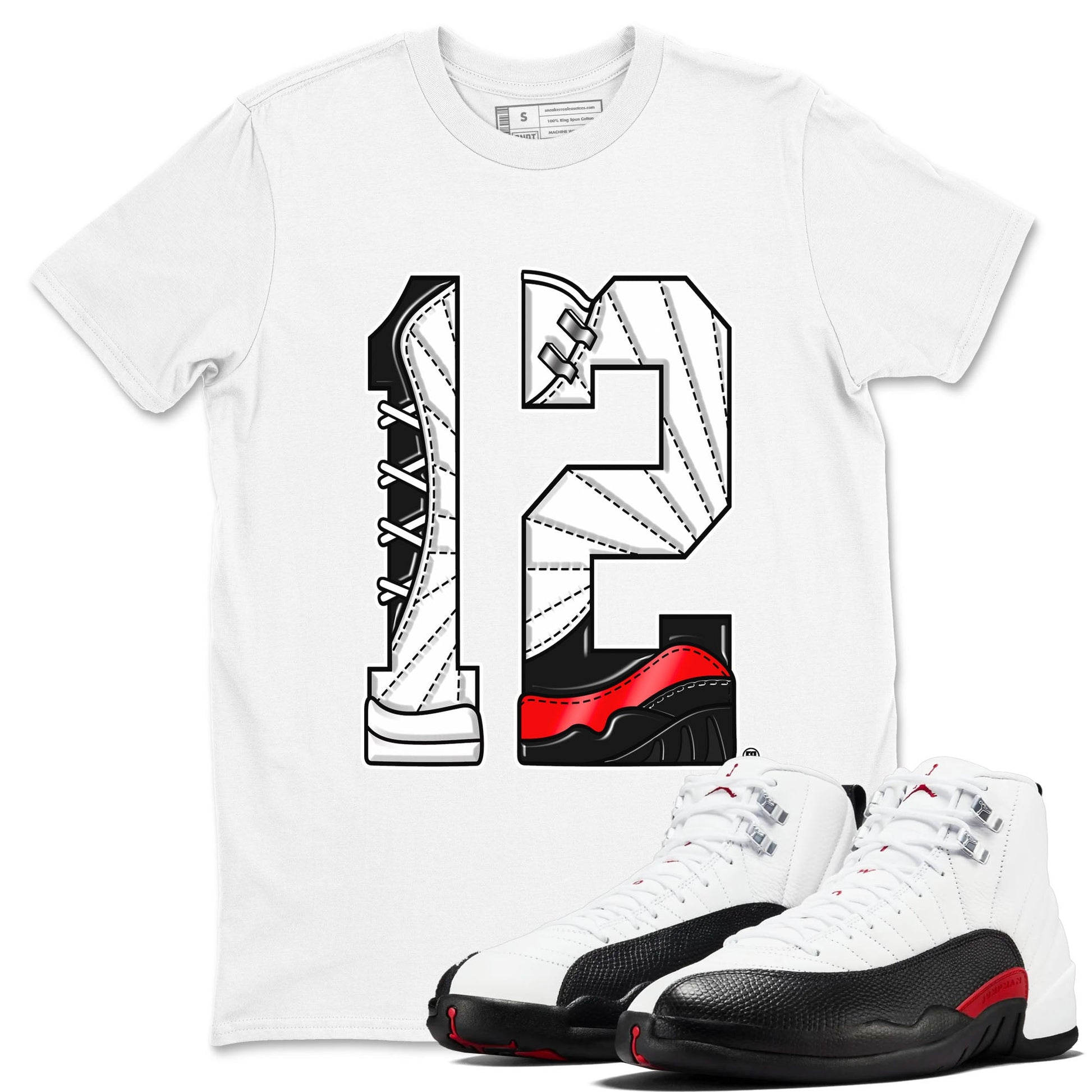 Air Jordan 12 Retro Taxi Flip shirts to match jordans Number 12 sneaker match tees 12s Red Taxi SNRT sneaker release Tees unisex cotton White 1 crew neck shirt